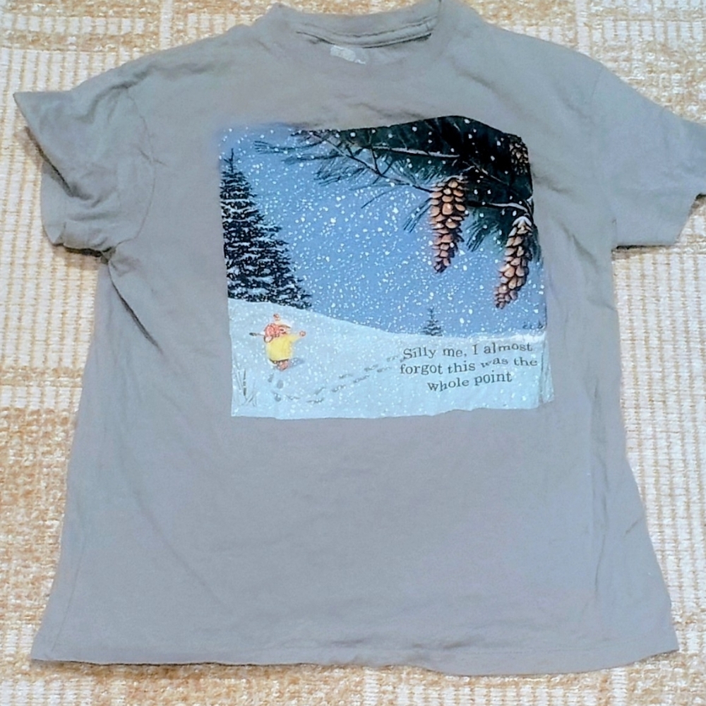 XXS Women's Grey/Moss Green Graphic T-Shirt with Winter Scene